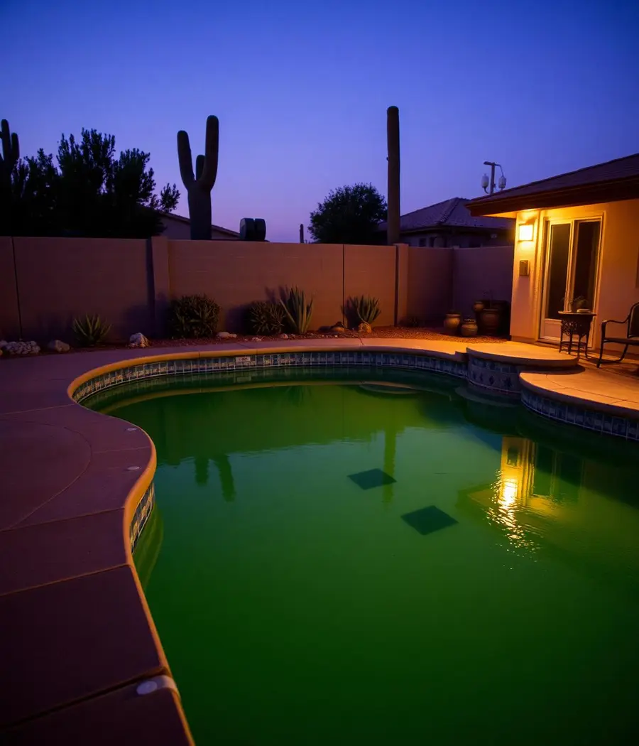 Green Phoenix swimming pool after circulation stopped