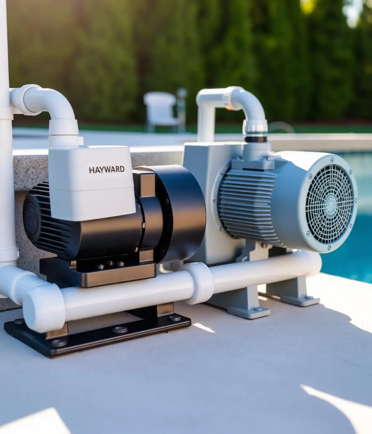 Hayward and Pentair variable-speed pool pumps installed on a residential Phoenix equipment pad