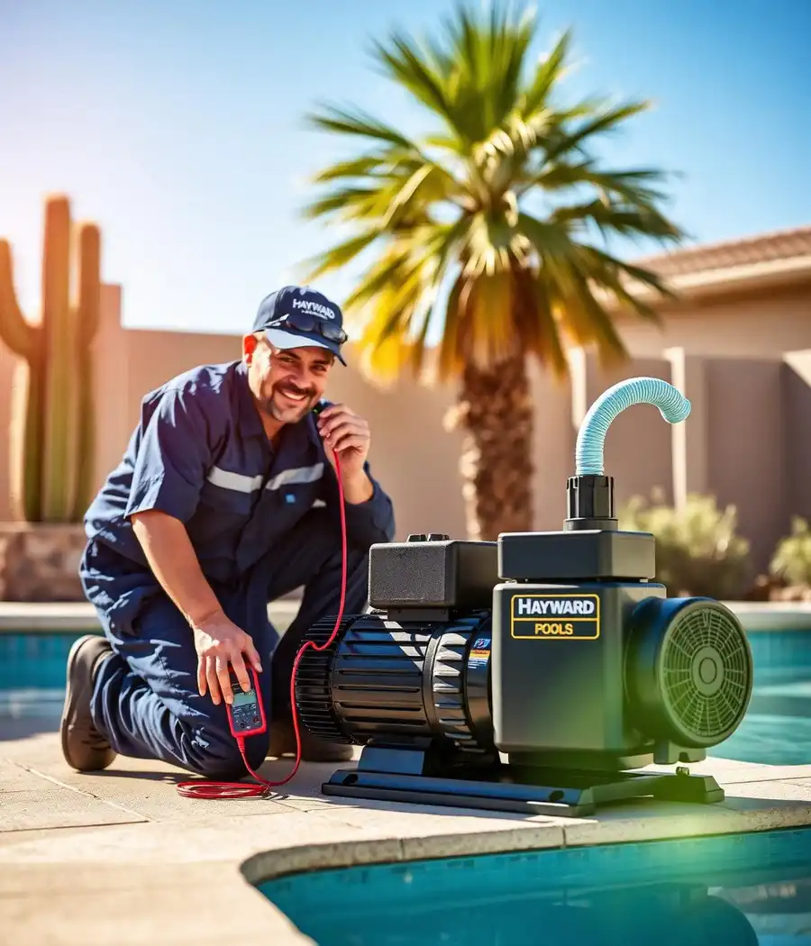 Captain Pools technician diagnosing a Hayward pool pump with a multimeter on a Phoenix equipment pad